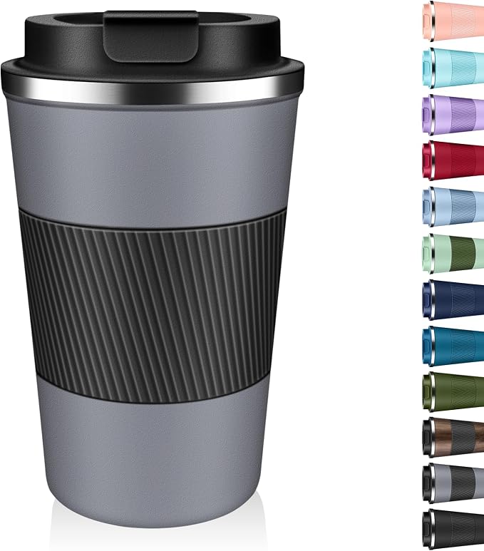 Insulated Coffee Tumbler 12 oz, Stainless Steel Coffee Mug with Lids, Travel Coffee Mug Leak Proof, Double Wall Vacuum Insulated Reusable Coffee Cup, Keep Drinks Hot and Cold (Gray, 12 Ounces) by Unknown