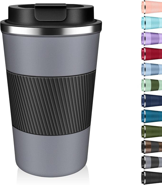 Insulated Coffee Tumbler 12 oz, Stainless Steel Coffee Mug with Lids, Travel Coffee Mug Leak Proof, Double Wall Vacuum Insulated Reusable Coffee Cup, Keep Drinks Hot and Cold (Gray, 12 Ounces) by Unknown