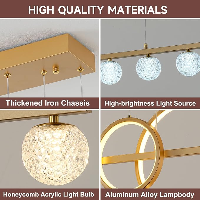 ORANOOR Modern Gold Chandeliers Pendant Light, 47in Dimmable LED Chandelier | Linear Gold Pendant Light for Kitchen Island Dining Room, 6 Globe Hanging Pendant Chandelier Lighting Fixture, 2 Rings 4200lm - Image 3