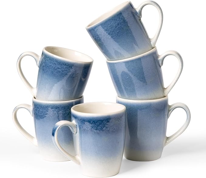 famiware Coffee Mugs Set, 13oz Mug Set of 6, Stoneware Cups for Latte, Hot Tea, Mocha, Cocoa, Cappuccino, Microwave and Dishwasher Safe, Glacier Series, Azure Blue by Famiware