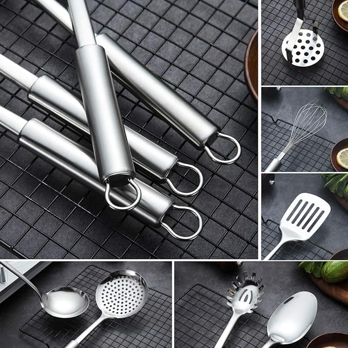 Berglander Cooking Utensil Set 8 Piece, Stainless Steel Kitchen Tool Set with Stand,Cooking Utensils, Slotted Tuner, Ladle, Skimmer, Serving Spoon, Pasta Server,Potato Maseher, Egg Whisk. （8 Pieces） - Image 4