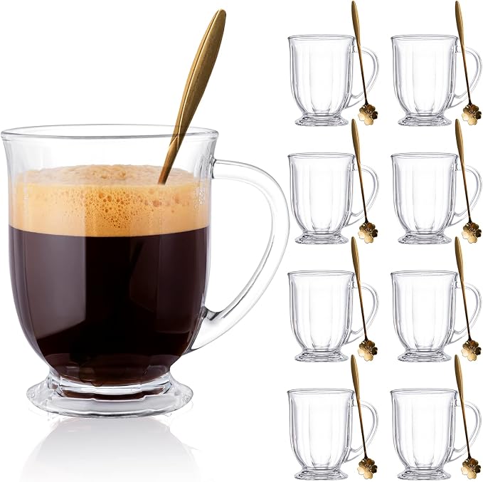 Glass Mug Set of 8, 15 oz Large Capacity Coffee Mugs with Handles, Clear, with 8 Spoons; Ideal for Latte, Espresso, Juice, Tea by Claplante
