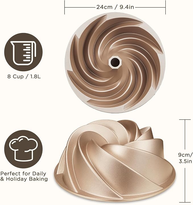 KITESSENSU Non-Stick Cake Pan, 9.5-Inch Aluminum Cake Mold, 8 Cup Fluted Heavy Duty Tube Pan, Durable Rust & Scratch-Resistant, Baking Mold for Jello, Gelatin, Chocoflan, Flan, Marissa, Gold - Image 2