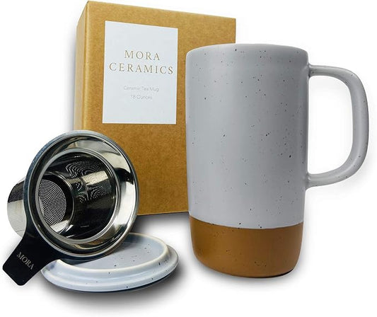 Mora Ceramics Large Tea Mug with Loose Leaf Infuser and Ceramic Lid, 18 oz, Portable, Microwave and Dishwasher Safe, Tall Coffee Cup - Rustic Matte Ceramic Glaze, Modern Herbal Tea Strainer, Sleet by MORA