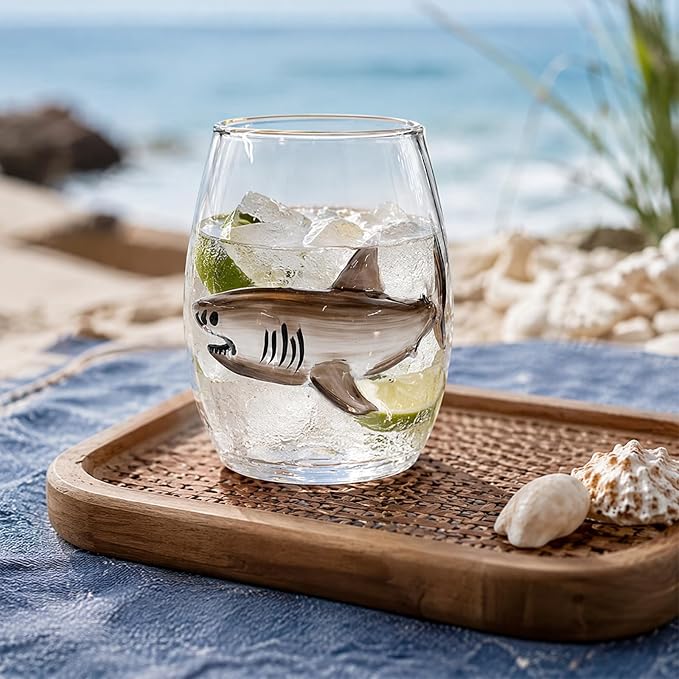 Blue Ring Stemless Ocean Glass 3D Handmade White Style 6 | Handmade 3D Blue Ring Stemless Glass Wine Cup Ocean Bar White Style 1 3D Sculpted Glassware Ocean Lover Gift - Image 4