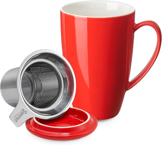 Sweese 15 OZ Porcelain Tea Mug with Infuser and Lid, Loose Leaf Tea Cup, Gifts for Tea Lover, Red by Sweese