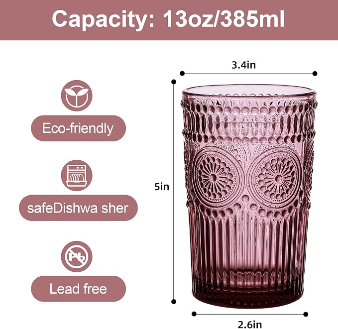 ZMOWIPDL Drinking Glasses Set of 6,13oz Flower Design Purple Glass Cups | Vintage Glassware,Textured Tumblers,Embossed Striped Drinkware for Water,Cocktails,Juice,Iced Coffee - Image 2