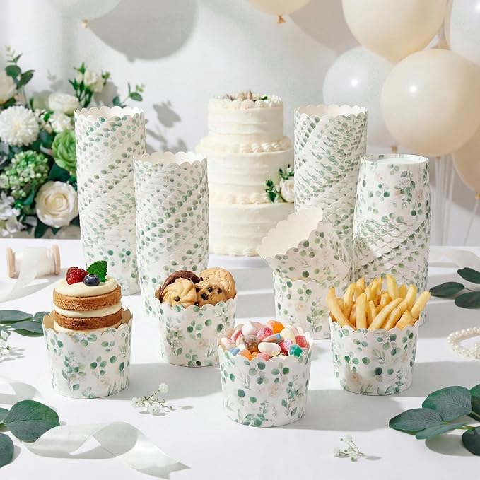 Qinyoung 150 Pcs Green Eucalyptus Leaf Paper Baking Cups Greaseproof Disposable Cottagecore Cupcake Liner Greenery Cupcake Muffin Case for Spring Summer Wedding Bridal Baby Shower Birthday Party Decor - Image 6