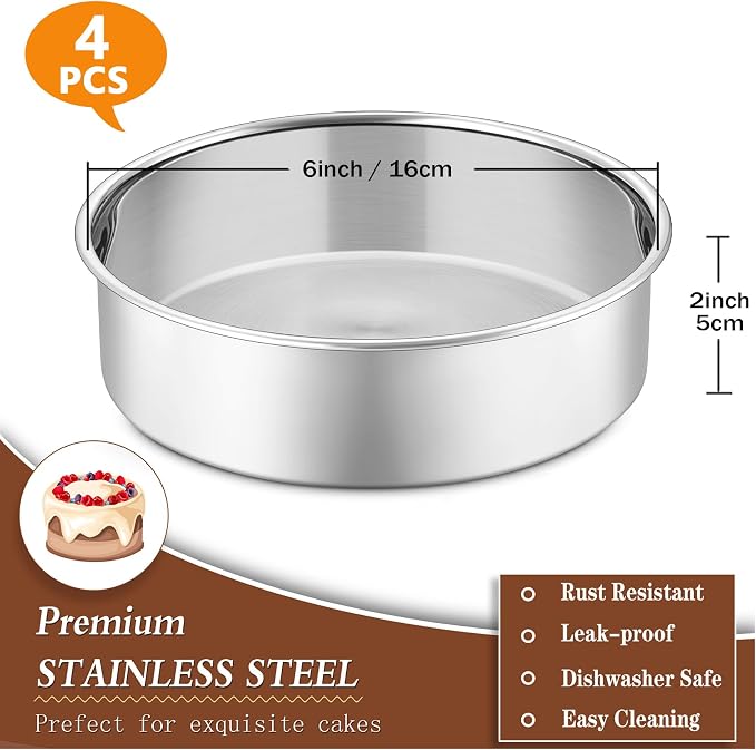 P&P CHEF 6 Inch Cake Pan Set of 4, Stainless Steel Round Cake Pans Tins | Baking Round Cake Bakeware for Birthday Wedding, Leak-proof & Mirror Finish & Easy Releasing, Dishwasher Safe - Image 2