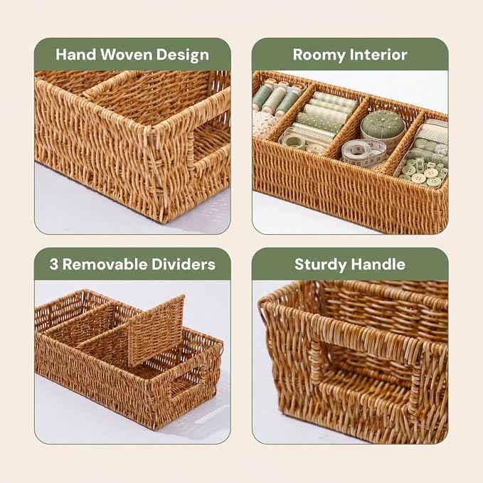 Nature-Inspired Rattan Pantry Organizer Baskets Set of 2 with 3 Removable Dividers – Handwoven Storage Bins for Kitchen or Bathroom Organization, Ideal for Snacks, Coffee & Tea (13” x 7.3” x 3.7”) - Image 6