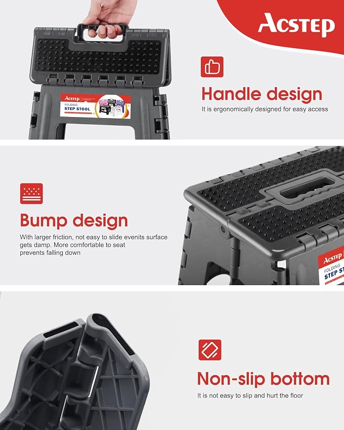 ACSTEP 13" Folding Step Stool- Holds up to 300Lb,The Lightweight Non-Slip Upgrade Collapsible Stepping Stool is Sturdy Enough to Support Adults and Safe Enough for Kids(Grey,1 Pack) | Heavy Duty Portable Collapsible Foot Stepping Stool, Holds 300 lb fo... - Image 2