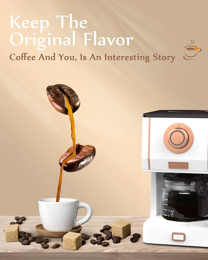 Amaste Retro Style Coffee Machine with 25 Oz Glass Coffee Pot, Reusable Coffee Filter & Three Brewing Modes, Warming Plate, Elegant White with Rose Gold - Image 6