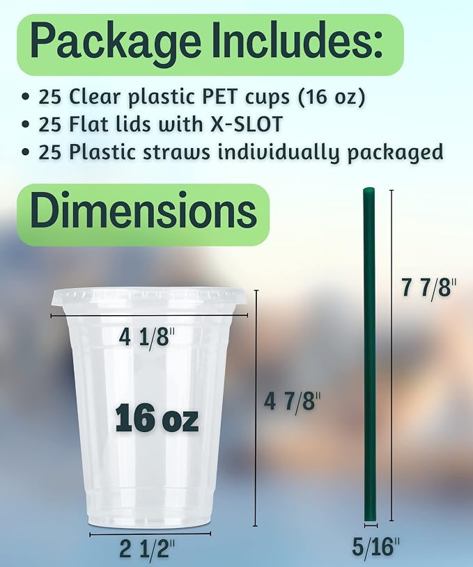 Cappatua 16 oz Clear Plastic Cups with Lids and STRAWS, Disposable Drinking Cups for Cold Drinks, Iced Coffee, Milkshakes, Smoothies, 25 Sets - Image 2