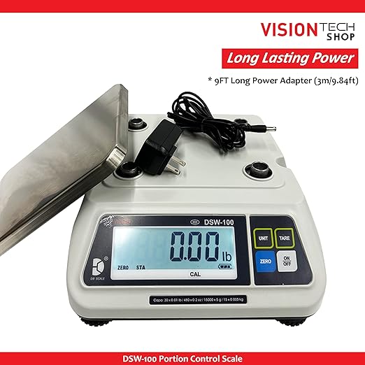 VisionTechShop DSW-100 Portion Food Scale with Dual LCD Display, Stainless Steel Platter, 60lb Capacity, 0.02lb Readability, Lb/Oz/Kg/g Switchable, Low Profile Design, NTEP Legal for Trade COC #22-007