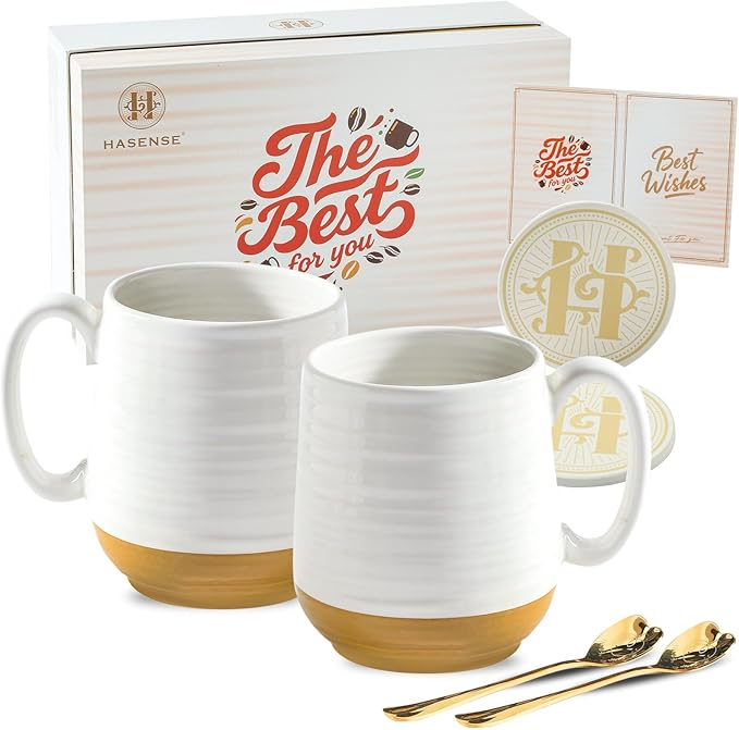HASENSE Ceramic Couple Coffee Mug Gift Set, 20oz Mugs Set of 2 with Glaze Coasters & Gold Spoons |Unique Engagement, Bridal Shower, Wedding & Housewarming Gift for Newly Engaged, Bride and Groom White by Hasense