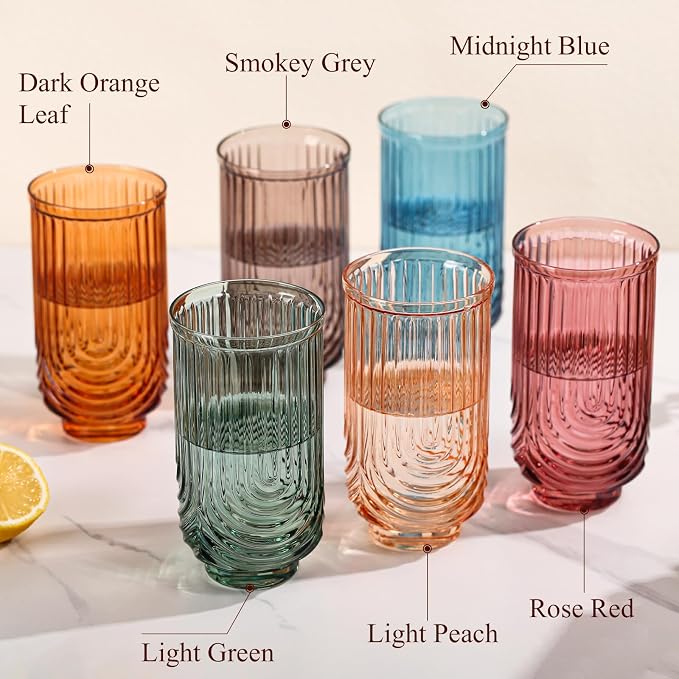 Colored Vintage Drinking Glasses Set of 6-17oz Hand-Blown Highball Ribbed Glassware, Arch Design Cocktail Glasses for Whiskey Water Beverages Ice Coffee Juice Milk - Image 4