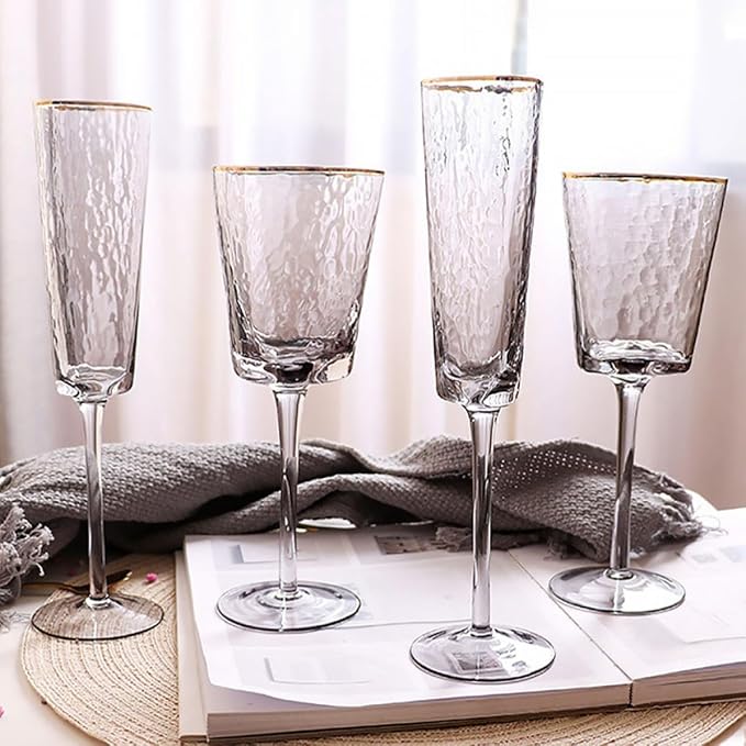 Luxshiny Sparkling Wine Glass Stylish Crystal Glassware Elegant European Style with Gold Textured Pattern, Solid Base and High-foot Design for Wedding Party and Special Occasions - Image 6