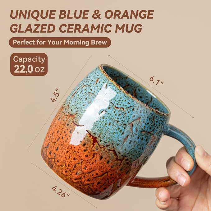 Handmade 22oz Ceramic Coffee Mug, Ergonomic Large Handle, Ideal Gift for Coffee Lovers, Microwave & Dishwasher Safe (Bas-Relief - Blue&Orange) - Image 5