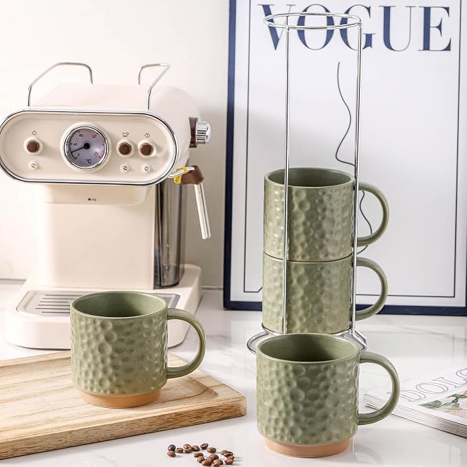 Nihow 16 Oz Ceramic Coffee Mug Set of 4 with Stackable Stand,Matte Green | Stackable, Stainless Stand Included, Cappuccino & Tea, Hot/Cold Drinks, Dishwasher & Microwave Safe - Image 7