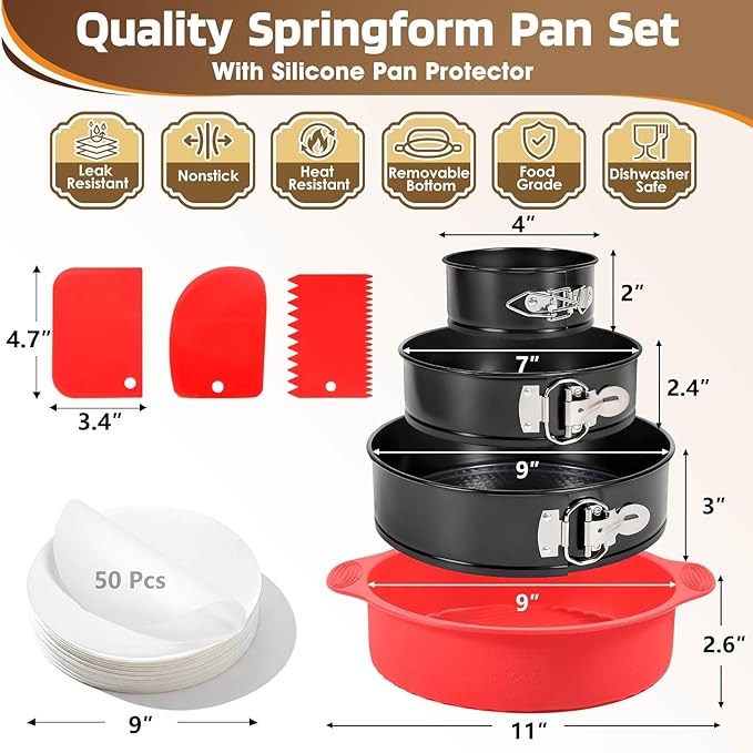 MASSUGAR 4 7 9 Inch Springform Pan Cheesecake Pan with Silicone Protector, 50 Pcs Parchment Paper Liners, 3 Cake Scrapers, Leakproof Round Cake Pan for Baking in Water Bath Nonstick Spring Form Pan - Image 6
