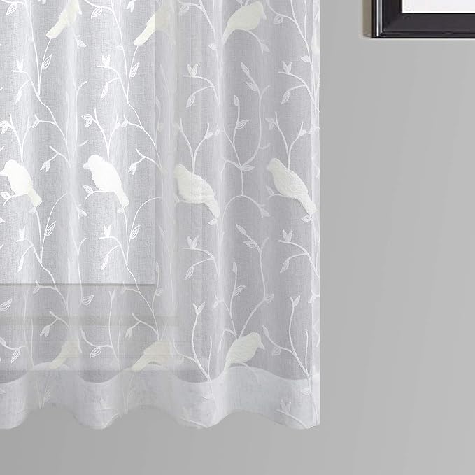 White Sheer Curtains 63 inches Length Birds Embroidered Window Treatment Curtain Sheer Voile Panels for Kitchen, Liviging Room, Bedroom, Small Windows, 42x63, Set of 2 - Image 3
