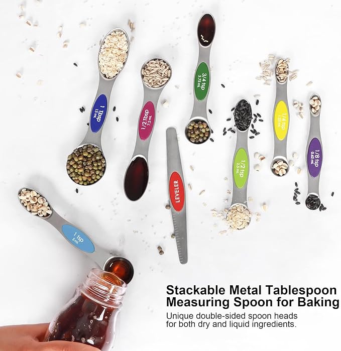 Multicolor Magnetic Measuring Spoons Set with Leveler | 7Pack, Stainless Steel, Stackable, Fits Spice Jars - For Baking Kitchen Gadgets Apartment Essentials Fits - Image 5