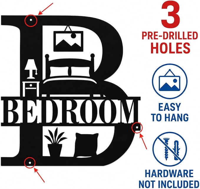 Bedroom Metal Wall Decor, Modern Farmhouse Room Sign, 14 Inch | 14-inch matte black metal BEDROOM sign with pre-drilled holes for bedrooms, guest rooms, dorms, and modern farmhouse decor. - Image 5