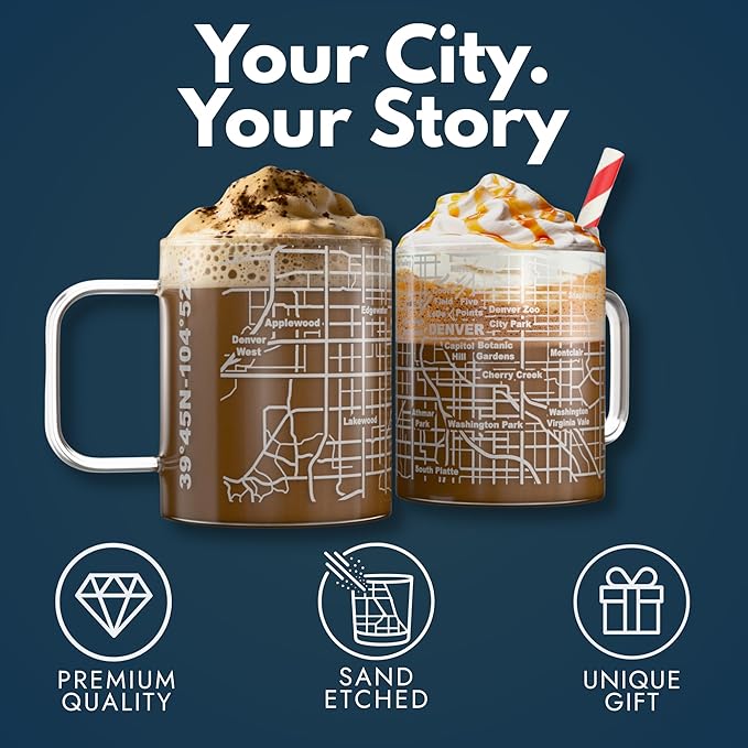Greenline Goods – Denver, CO Map Glass Coffee Mugs (Set of 2), 16 oz – Etched Wrap Design