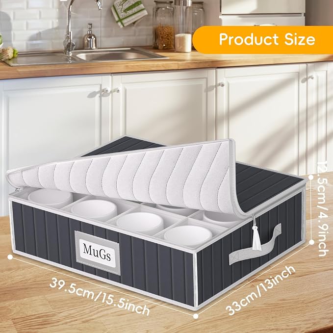 Mug and Cup Storage Box with Dividers - 2 Pack China Storage Bin Containers Holds 24 Glassware, Stackable Coffee Mug Organizer Bin and Tea Cup with 2 Metal Zipper,Label and Handles (Grey) - Image 2