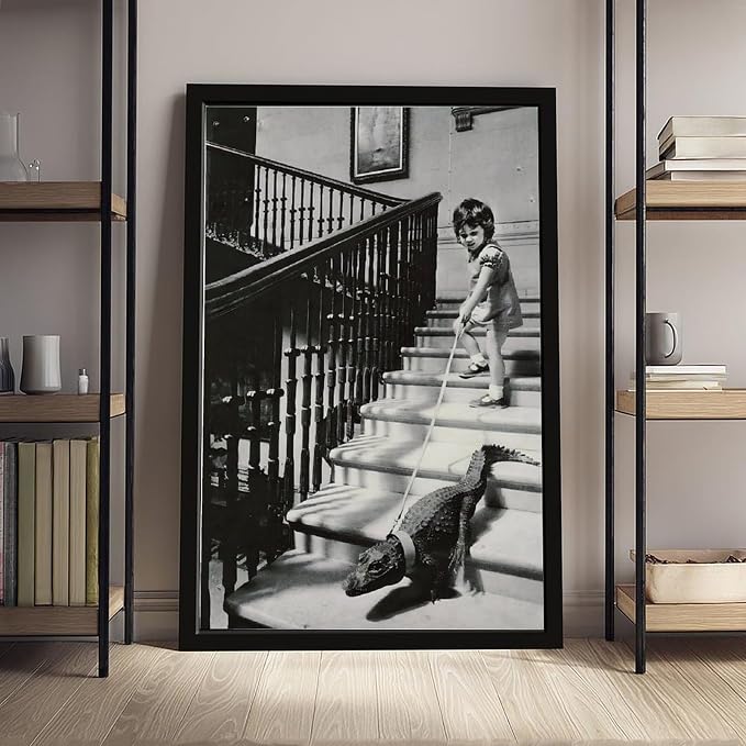 UXCBIA Girl Walking Baby Crocodile on Leash, Black And White Vintage Photo, Oddities, Funny Poster Canvas Poster Bedroom Decor Sports Landscape Office Room Decor Gift Black Frame 20x30in(50x75cm) - Image 4