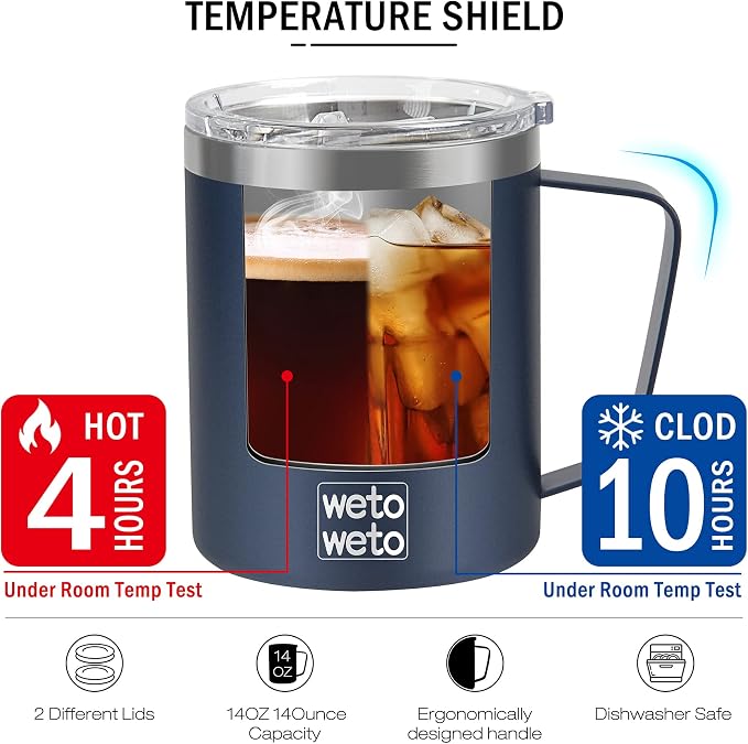 WETOWETO 14 oz Coffee Mug, Vacuum Insulated Camping Mug with Lid, Double Wall Stainless Steel Travel Tumbler Cup, Coffee Mugs Outdoor, Navy Blue & Rose Gold 2 Packs - Image 4