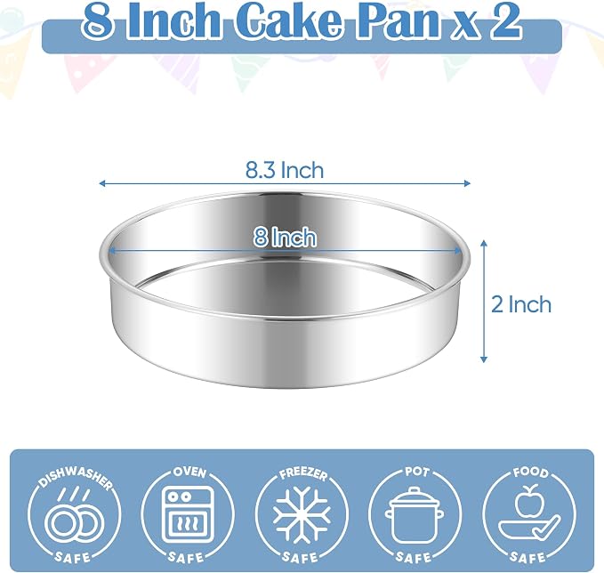 E-far 8 Inch Cake Pan Set of 2, Stainless Steel Round Baking Pans Tins Mold - Non-Toxic & Leak-Proof for Birthday Wedding Layer Tiered Cake, Easy Clean & Dishwasher Safe - Image 2