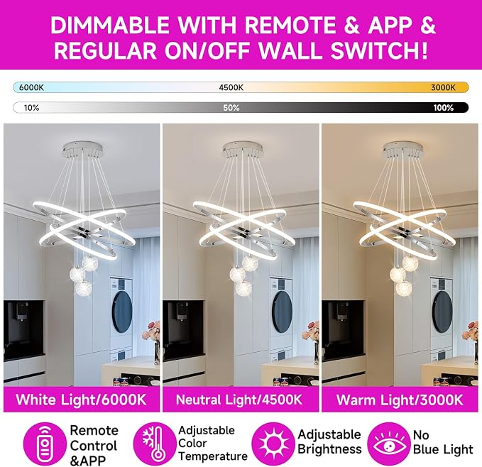 ORANOOR LED Modern 3 Ring Chandeliers, 24inch Dimmable Kitchen Pendant Lamp | Silver Dining Room Light Fixtures Ceiling Hanging Over Table, Globe Round Chandeliers for Living Room Dining Room, Chrome - Image 4