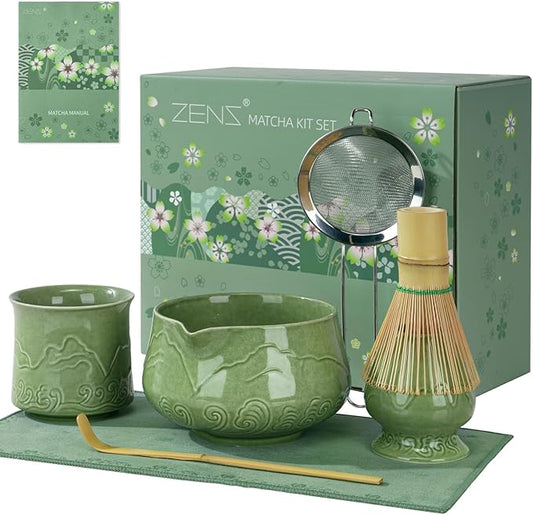 ZENS Matcha Whisk Set, 7pcs Matcha Set Includes Emerald Green Bowl and Matcha Cup, Bamboo Whisk & Scoop, Chasen Holder, 304 Sifter, Tea Mat, Matcha Kit for Latte Making