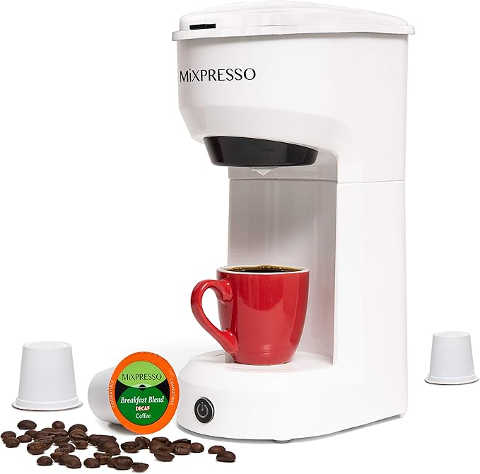 Mixpresso Single Serve Coffee Maker K Cup Coffee Maker for K Pods & Grounds | Compact 800W White Coffee Machine with 14 Oz Water Tank, Fast Brew & Auto Shut-Off, Small Design for Travel RV, Office& Dorm by Mixpresso