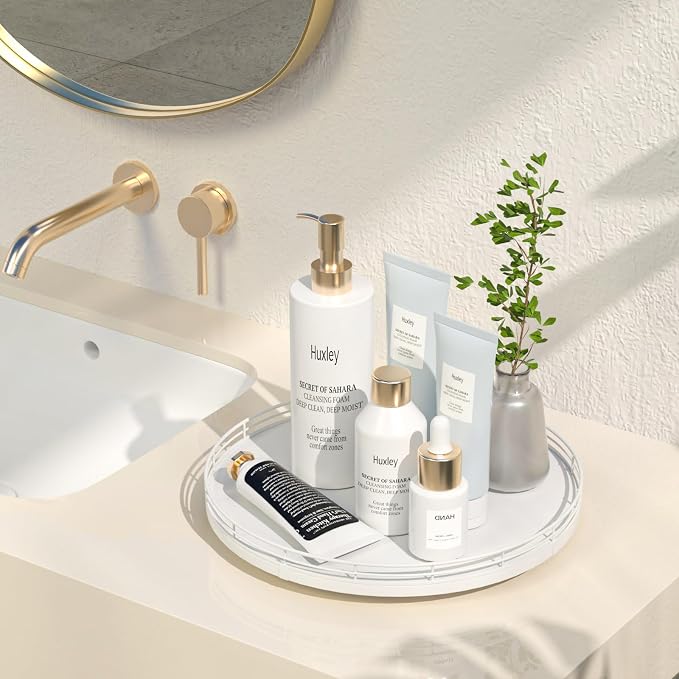 Oroyutor 12-Inch Oak Lazy Susan Vanity Tray, White Finish | Rotating oak tray organizes spices, toiletries and decor on kitchen counters, bathroom vanities, dining and coffee tables. - Image 2