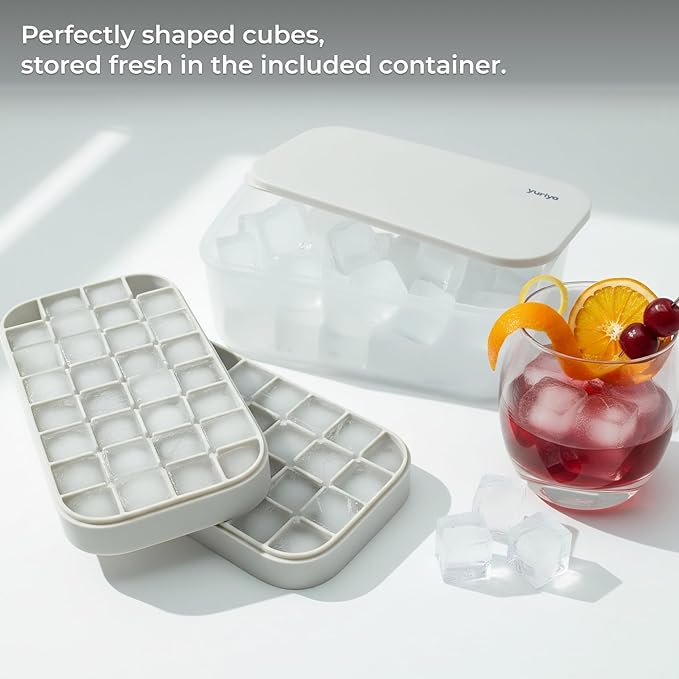 Ice Cube Tray Set with Lid & Bin, 2 Silicone Trays (32-Cube Each, 64 Total), Easy-Release, Stackable, Leak-Proof, Dishwasher Safe, Sand Beige