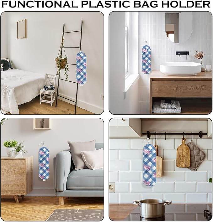 Pink Bow Plastic Bag Holder for Kitchen Essentials, Wall Mount Grocery Bag | Holder for Plastic Bags, Blue White Plaid Reusable Shopping Bags Storage Dispenser for Home Kitchen Pantry, 22.5x9 Inch - Image 6