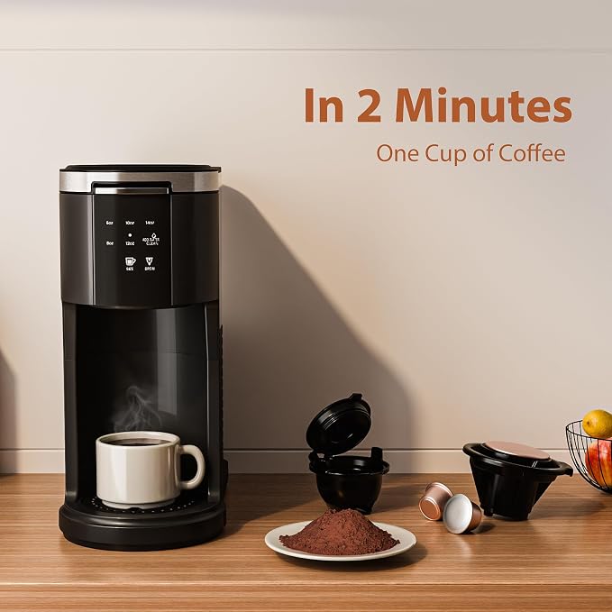 WAA Single Serve Coffee Maker for Capsule & Ground Coffee | Fast Coffee Machine with Memory Function, 6 to 14 oz Brew Sizes, 40 oz Removable Water Tank for Home/Office/RV, Black - Image 2