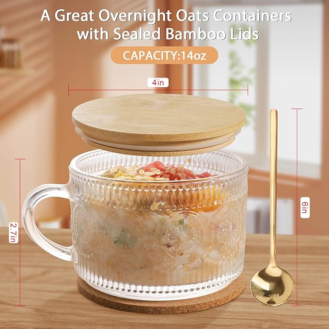 Vintage Coffee Mugs Glassware Set of 4-14oz Leak Proof Overnight Oats Containers with Lids and Spoons, Hobnail Glass Cups with Bamboo Lids, Ideal Coffee Bar Accessories Perfect for Drinks, Tea