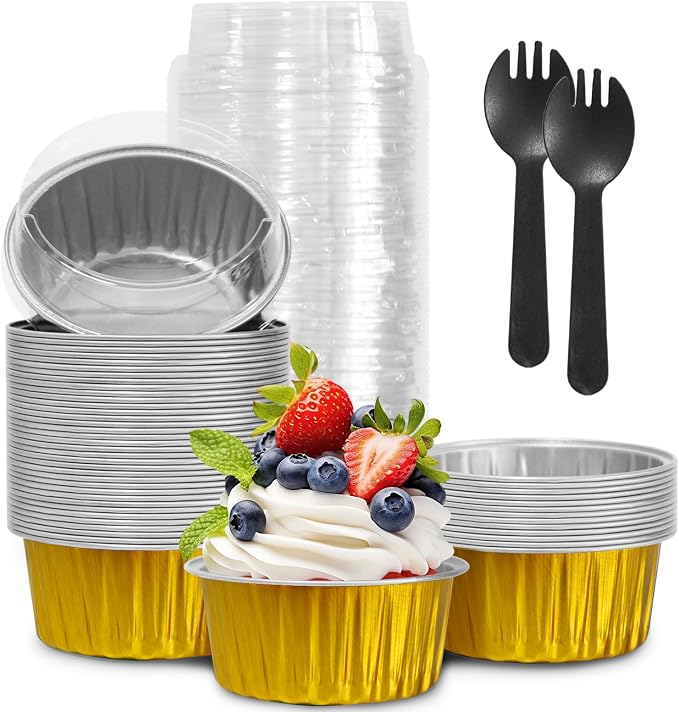 Graduation Party 50Pcs Mini Aluminum Foil Cupcake,5oz Baking Cups with Lids | Gold Disposable Ramekins for Christmas Thanksgiving,Oven Safe,Loaf Pans with Lids,Tin Cups Containers for Cupcake,Cheesecake by YOIYINI