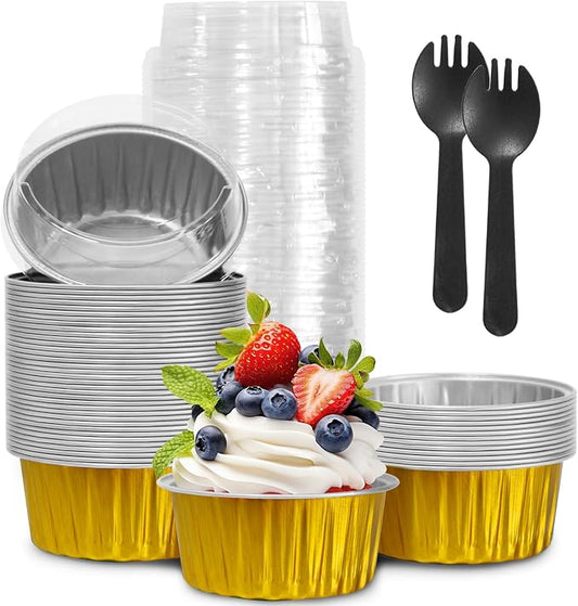 Graduation Party 50Pcs Mini Aluminum Foil Cupcake,5oz Baking Cups with Lids | Gold Disposable Ramekins for Christmas Thanksgiving,Oven Safe,Loaf Pans with Lids,Tin Cups Containers for Cupcake,Cheesecake by YOIYINI