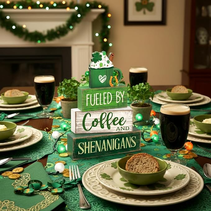 Moucuny 4 Pcs St Patricks Day Table Decoration Wooden Green Ice Cream Cup St. Patrick's Day Tiered Tray Decor Irish Centerpiece Green and White Happy St Patricks Coffee Bar Decor for Home Kitchen - Image 5