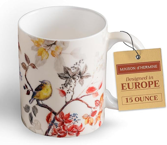 Maison d' Hermine Coffee Mug with Handles Tea Cups (15 Ounce, Pack of 1) | Fine Bone China Coffee Mugs for Hot Beverages Cappuccino Latte Home Restaurant Spring Summer -Equinoxe - Beige - Passerine by MaisondHermine