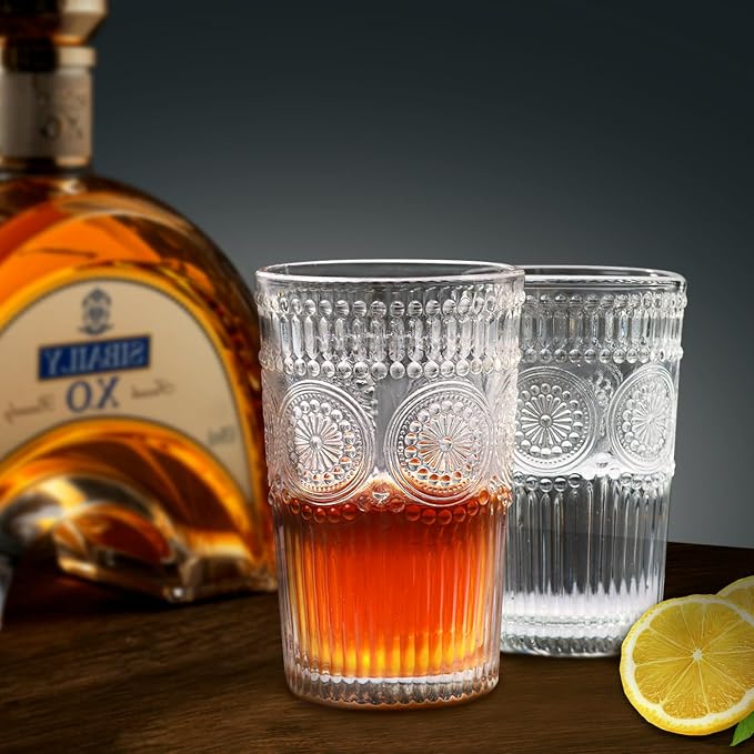 Loivttvv 6pcs Vintage Drinking Glasses Set, 12 oz Clear Highball Glasses, Embossed Ribbed Glassware Cups for Cocktail, Water, Juice, Coffee, Whiskey - Image 8