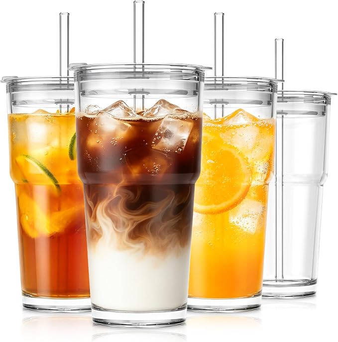 SoulTimes 20oz Clear Tumbler with bamboo Lid and Straw – Iced Coffee Glasses Cups for Smoothie, Matcha, Juice, Water etc. Leakproof and Reusable Glassware Drinking for Travel To Go 【4 Pack】 by SoulTimes