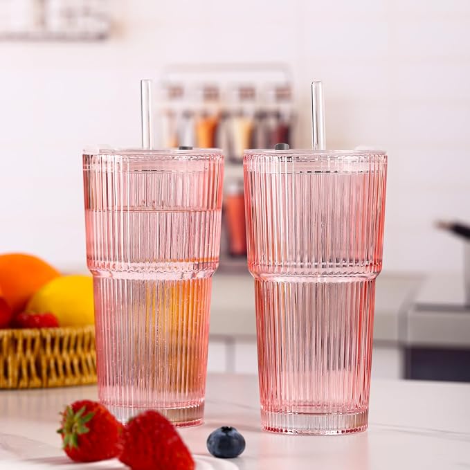 4PCS Pink Ribbed Glass Cups with Lids and Straws, 20oz Vintage Drinking Glasses, Aesthetic Iced Coffee Cups, Glass Tumbler for Boba, Beer, Tea, Cocktails, Ribbed Glassware Set,Pink - Image 7