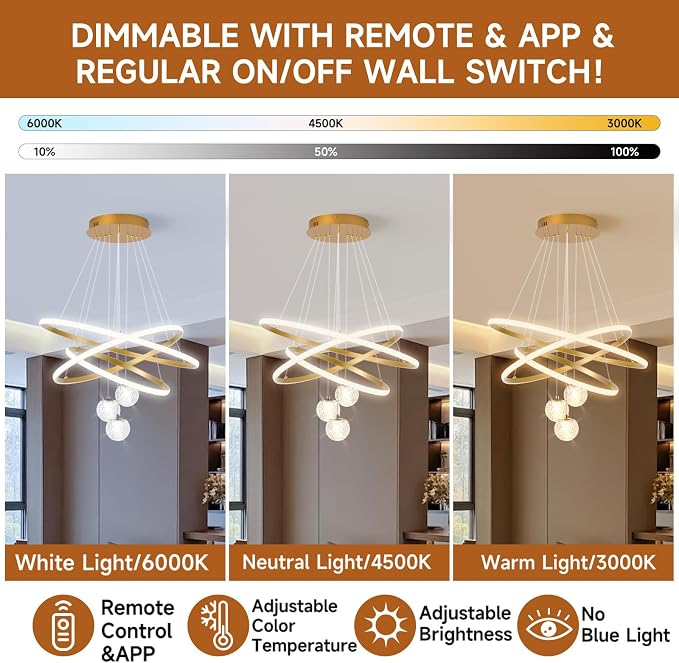 ORANOOR LED Modern 3 Ring Chandeliers 24inch Dimmable Kitchen Pendant Light | Gold Dining Room Light Fixtures Ceiling Hanging Over Table, Globe Round LED Chandeliers for Dining Room Living Room Bedroom - Image 4