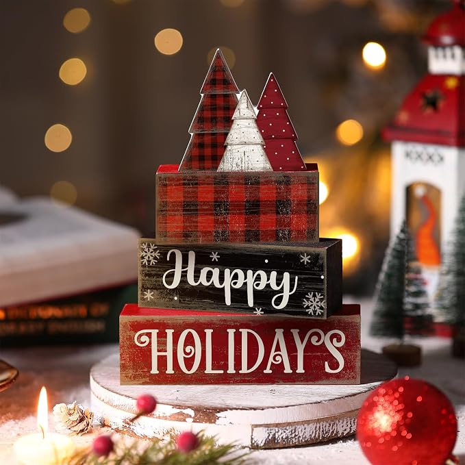 Moucuny 4 Pcs Christmas Table Decor Wooden Tree Decoration Christmas Centerpiece Winter Tiered Tray Decor Decorative Red and Black Buffalo Plaid Block Signs Gift Farmhouse Xmas Decoration for Kitchen - Image 2
