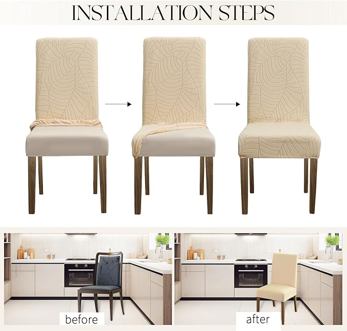 MOSAYT 100% Waterproof Dining Room Chair Covers Set of 4, Super Fit Stretch Jacquard Parson Chairs Slipcovers Removable Washable Chair Seat Protectors for Home, Kitchen, Banquet (Beige - XL) - Image 5